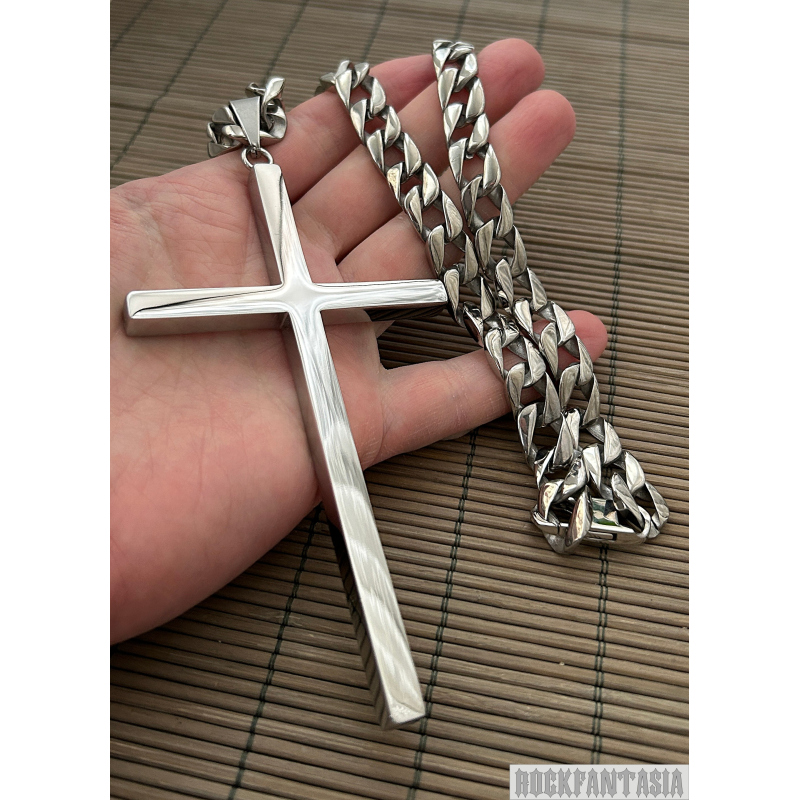 Big heavy cross pendant chain necklace mens stainless steel silver color