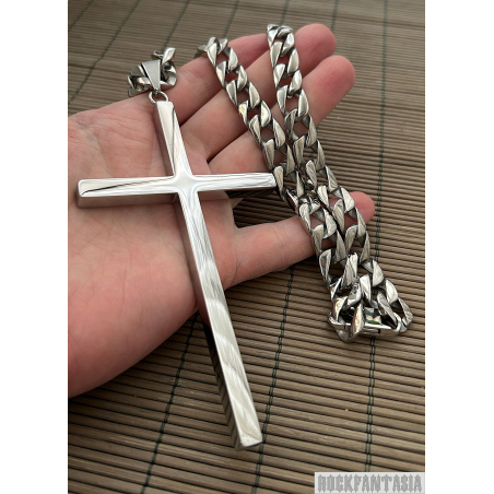 Big heavy cross pendant chain necklace mens stainless steel silver color