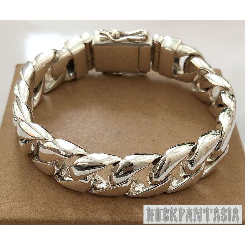 Curb men bracelet 925 sterling silver chain heavy wide links box clasp