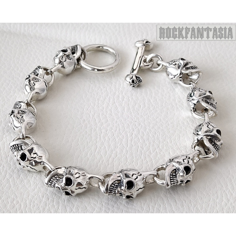 Skull biker mens 925 sterling silver bracelet heavy wide chain