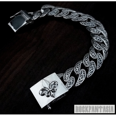 Fleur de lis bracelet mens curb 925 sterling silver chain heavy wide