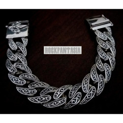 Fleur de lis bracelet mens curb 925 sterling silver chain heavy wide