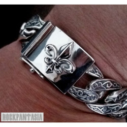 Fleur de lis bracelet mens curb 925 sterling silver chain heavy wide