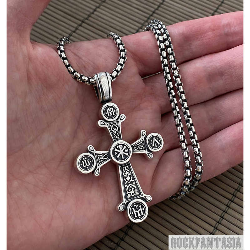 Cross 925 sterling silver pendant mens christian orthodox man necklace chain gift