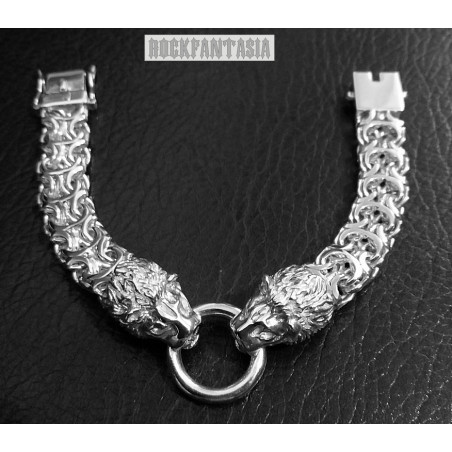 Lions head sterling silver bracelet mens heavy wide chain byzantine