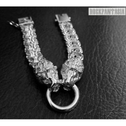 Lions head sterling silver bracelet mens heavy wide chain byzantine