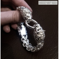 Lions head sterling silver bracelet mens heavy wide chain byzantine