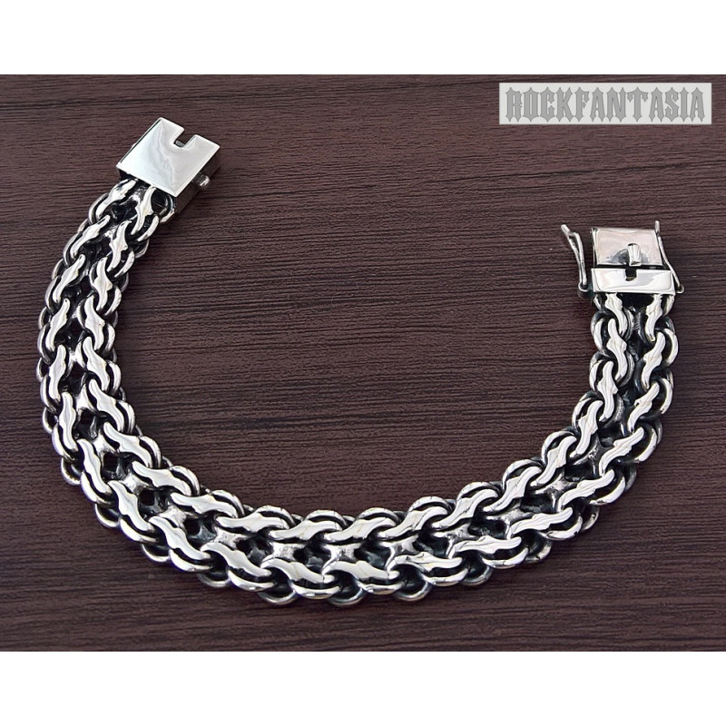 Double stream woven sterling silver bracelet mens heavy wide chain