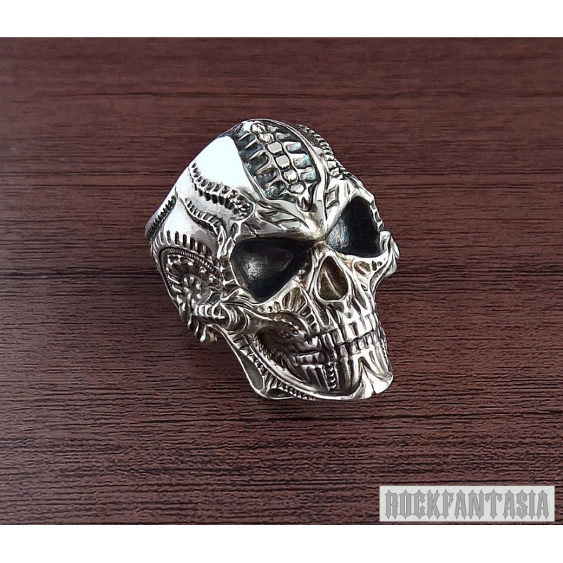 Biomechanics style Skull heavy ring Solid 925 Sterling Silver men biker