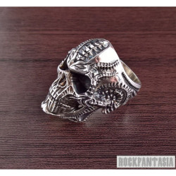 Biomechanics style Skull heavy ring Solid 925 Sterling Silver men biker