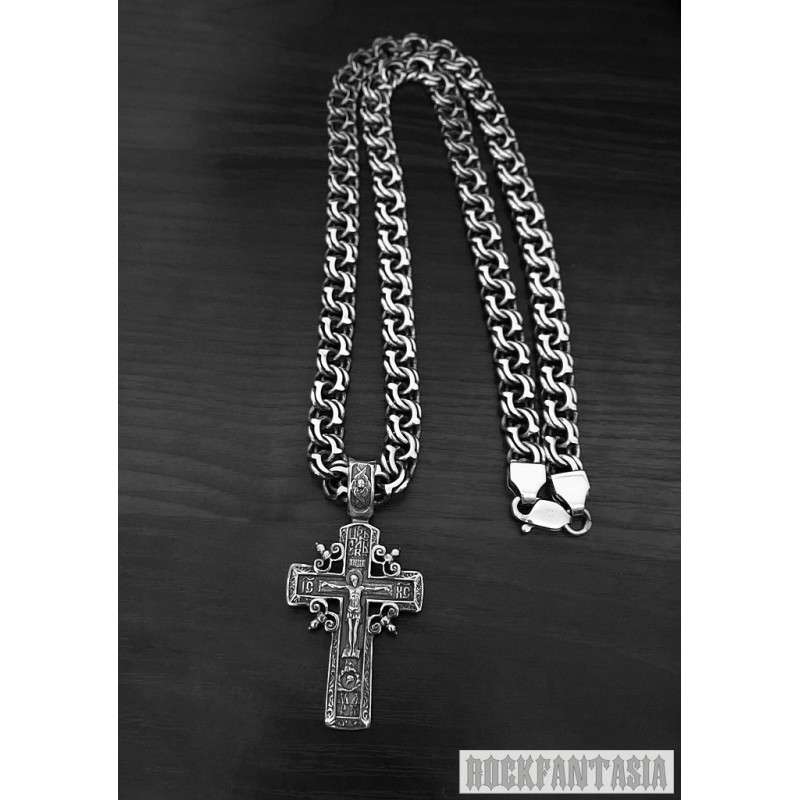 Christian Cross sterling silver Greek orthodox Jesus pendant necklace byzantine chain mens set