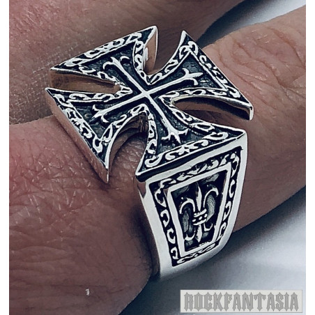 Templar cross ring mens 925 sterling silver, fleur de lis ring gift