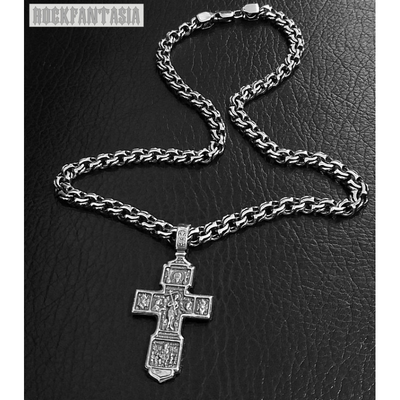 Christian Cross heavy 925 sterling silver Greek orthodox Jesus pendant necklace byzantine bismark chain