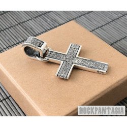 Mens cross pendant solid 925 sterling silver big heavy gift artisan pattern art