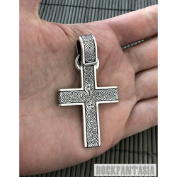 Mens cross pendant solid 925 sterling silver big heavy gift artisan pattern art