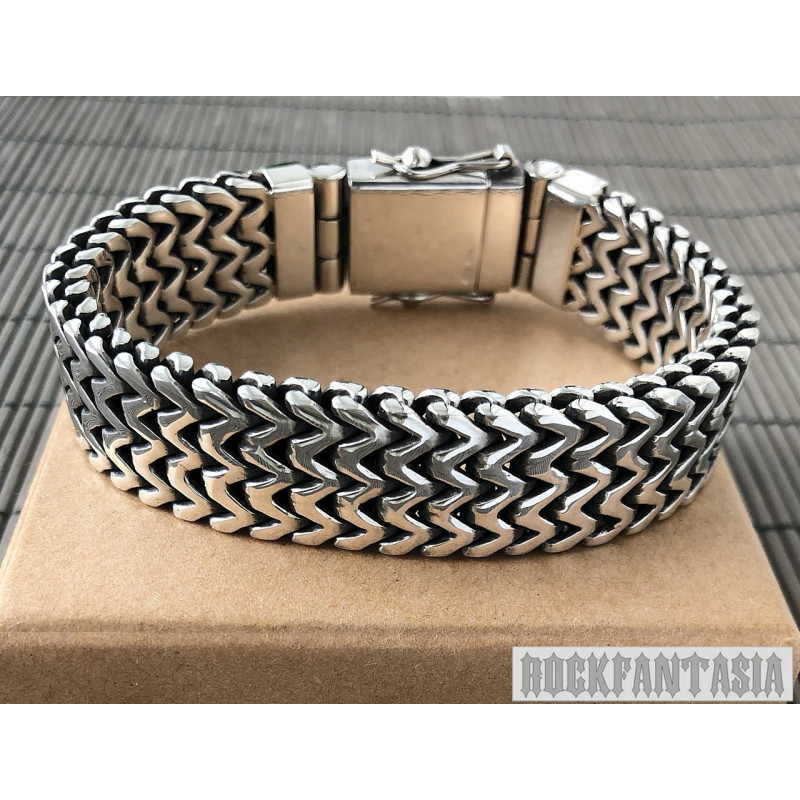 Double curb byzantine bracelet chain sterling silver box heavy huge wide box clasp black oxidized