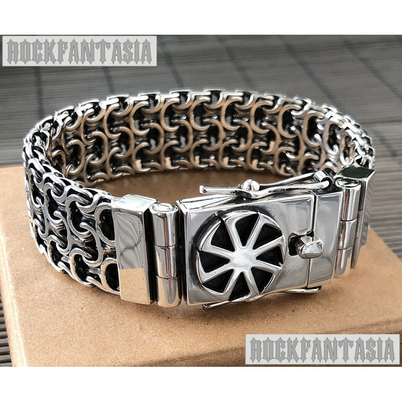 Sun symbol bracelet sterling silver mens double chain byzantine heavy wide box clasp