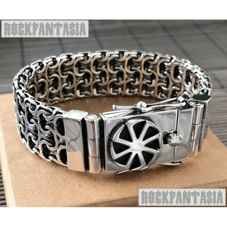 Sun symbol bracelet sterling silver mens double chain byzantine heavy wide box clasp