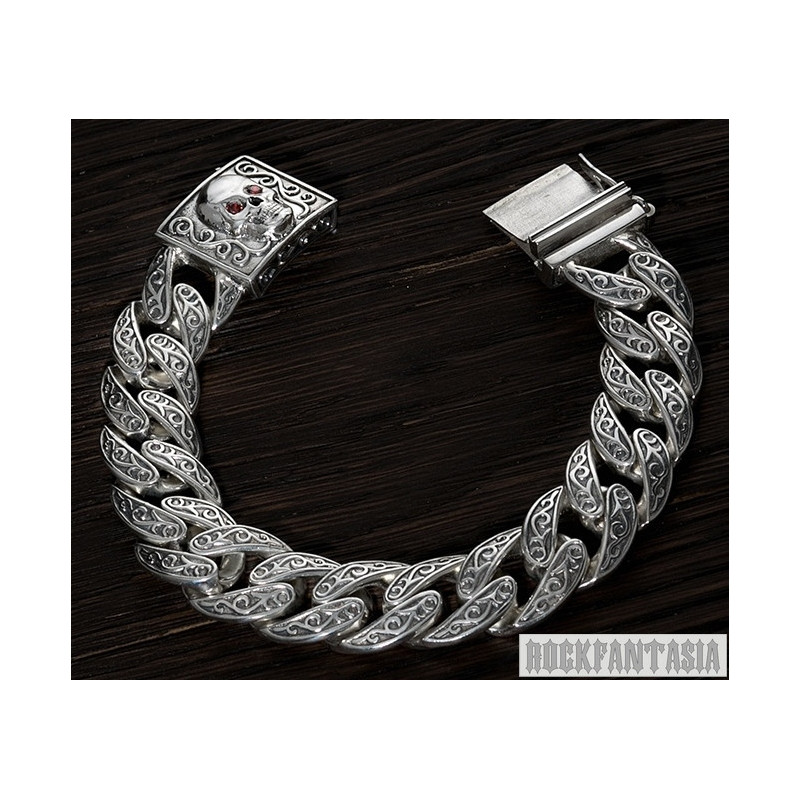 Curb cuban bracelet sterling silver mens skull clasp flower design