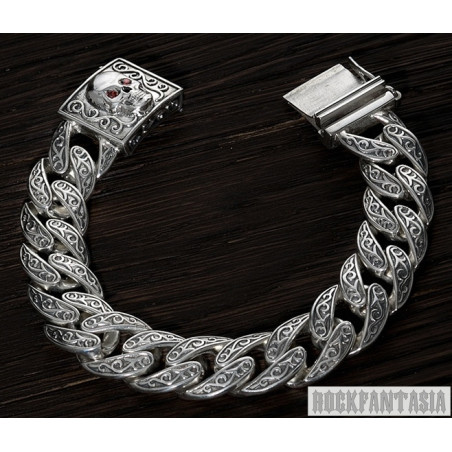 Curb cuban bracelet sterling silver mens skull clasp flower design