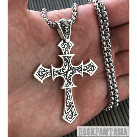 Big heavy cross mens biker solid 925 sterling silver pendant chain necklace gift fleur de lis