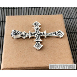 Big heavy cross mens biker solid 925 sterling silver pendant chain necklace gift fleur de lis