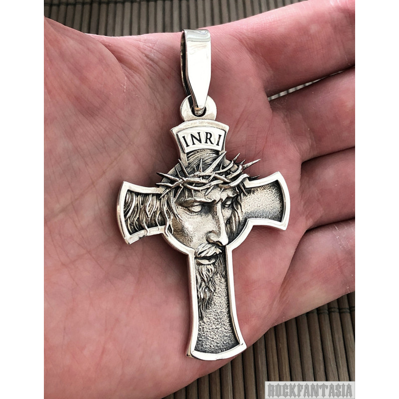 Cross big pendant mens Jesus thorny spikes solid sterling silver