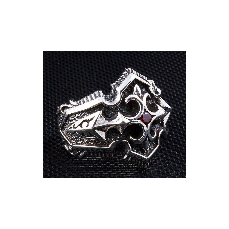 Mens knight cross garnet solid 925 sterling silver templar ring fleur de lis