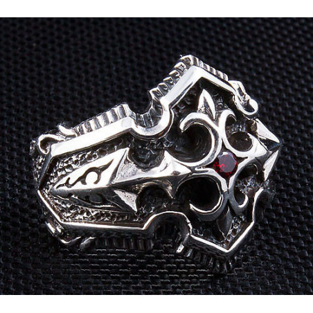 Mens knight cross garnet solid 925 sterling silver templar ring fleur de lis