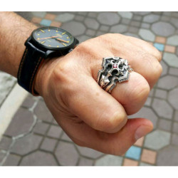 Mens knight cross garnet solid 925 sterling silver templar ring fleur de lis