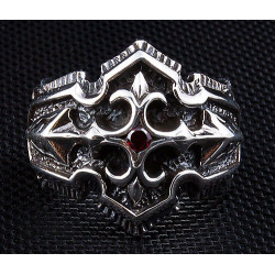 Mens knight cross garnet solid 925 sterling silver templar ring fleur de lis