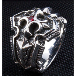 Mens knight cross garnet solid 925 sterling silver templar ring fleur de lis